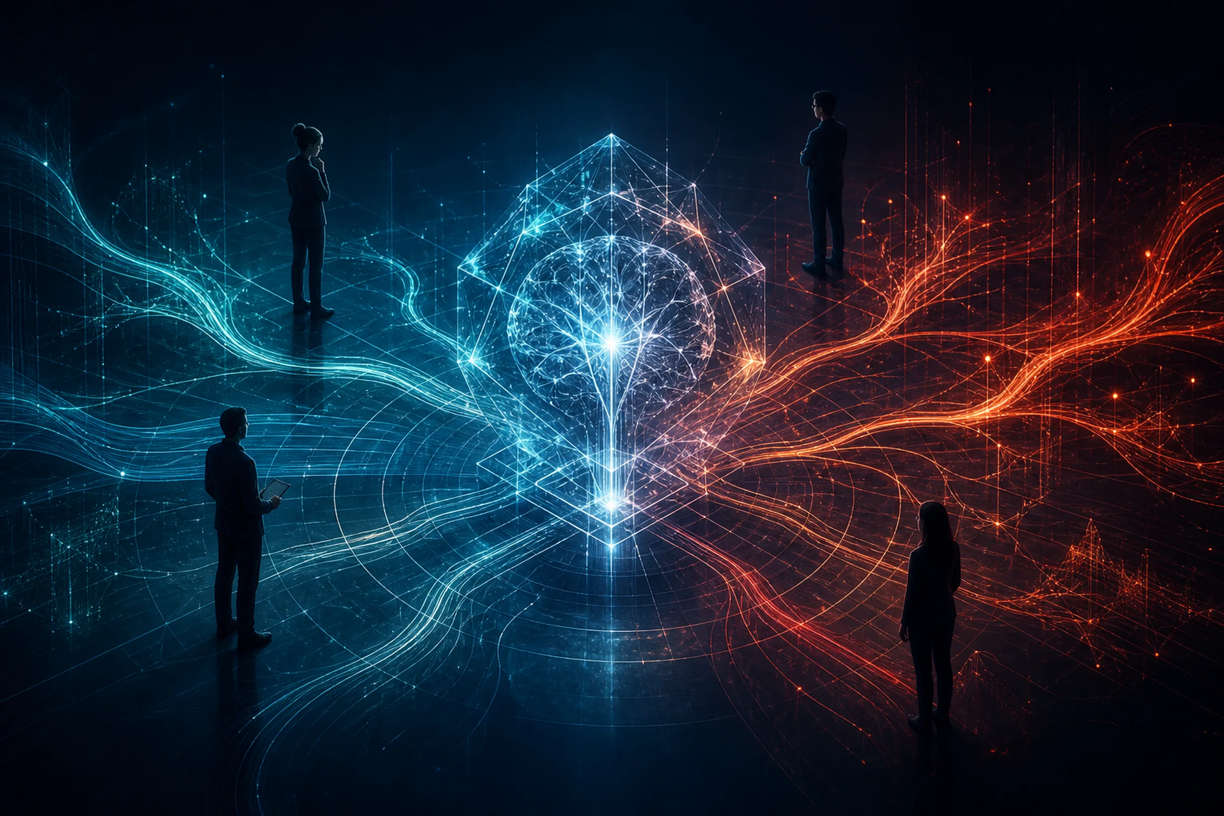 AI researchers observing a luminous intelligence core divided between calm blue and warning red networks