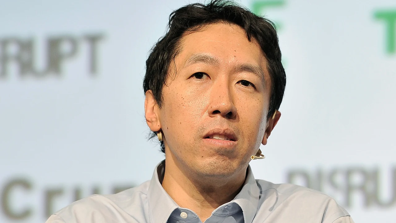 Andrew Ng, founder of DeepLearning.AI and co-founder of Coursera, speaking onstage at TechCrunch Disrupt SF 2017 with the Disrupt backdrop behind him