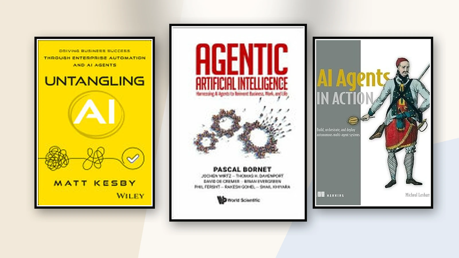 Three framed AI agents book covers: Agentic Artificial Intelligence centered; Untangling AI left; AI Agents in Action right.