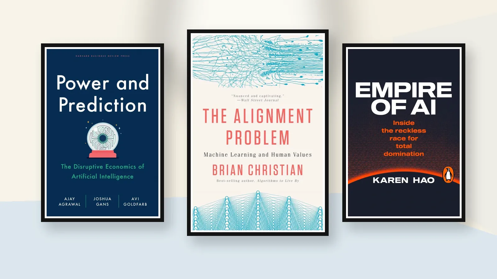 Three framed AI audiobook covers: The Alignment Problem by Brian Christian centered; Power and Prediction by Agrawal, Gans, and Goldfarb left; Empire of AI by Karen Hao right.
