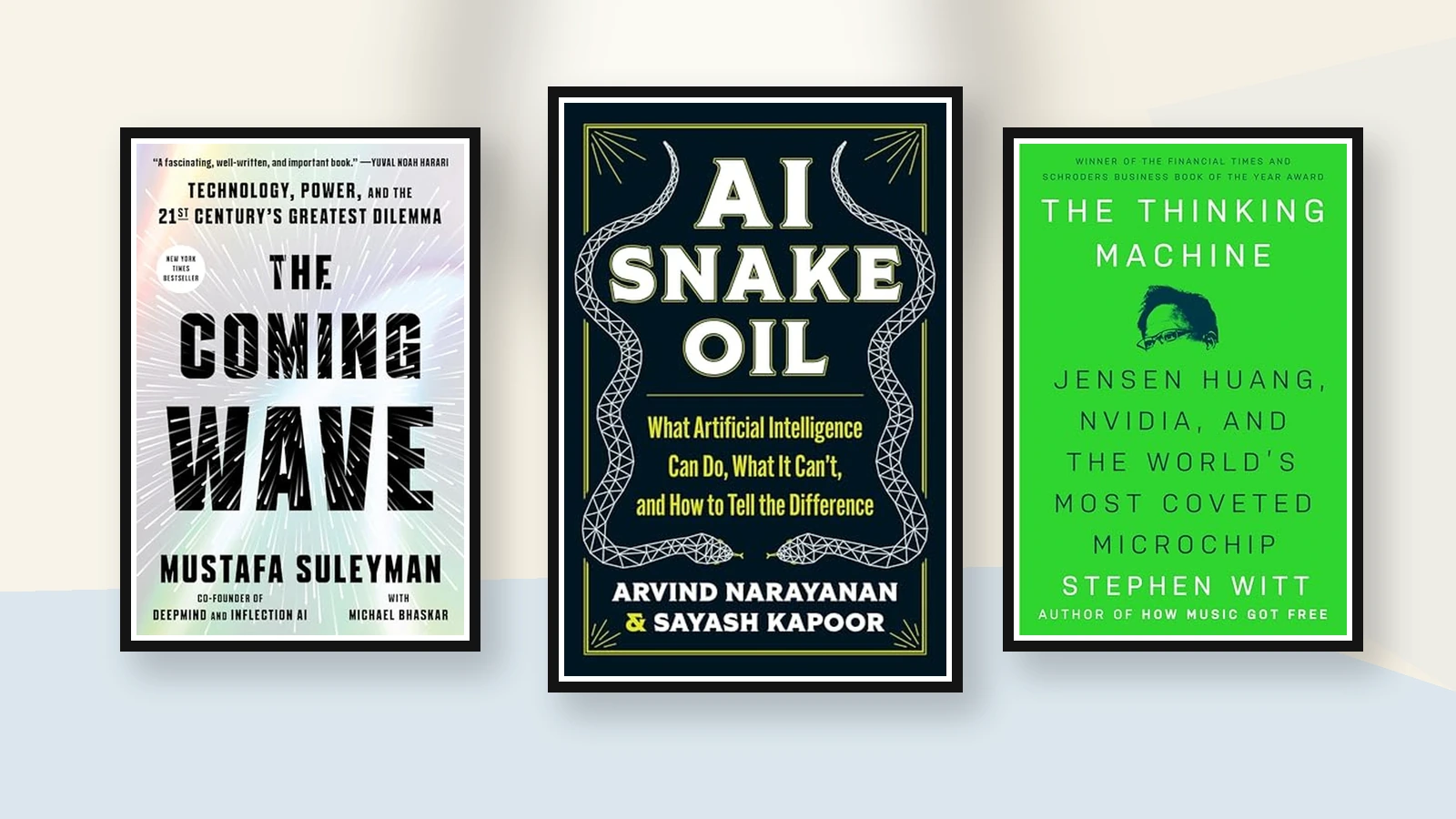 Three framed AI book covers: AI Snake Oil centered; The Coming Wave left; The Thinking Machine right.