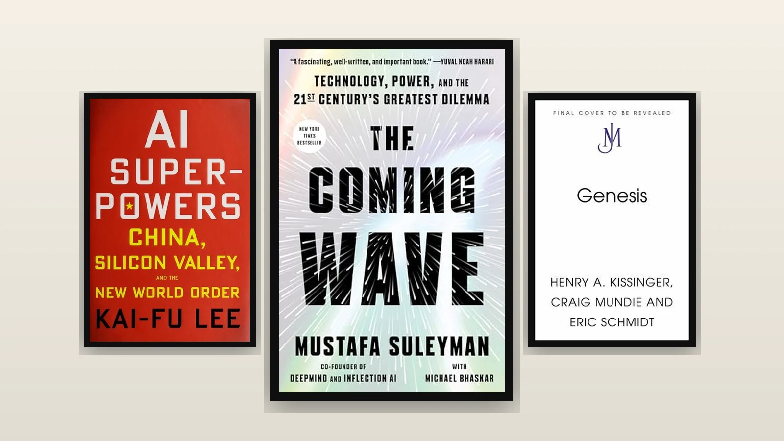 Three framed AI book covers by tech executives: The Coming Wave centered; AI Superpowers left; Genesis right.