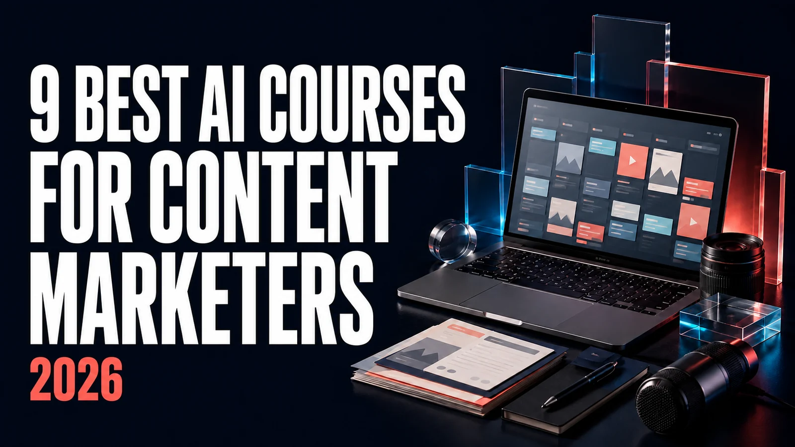 The headline 9 Best AI Courses for Content Marketers 2026 beside a laptop showing content cards, camera gear and blue-red glass panels.