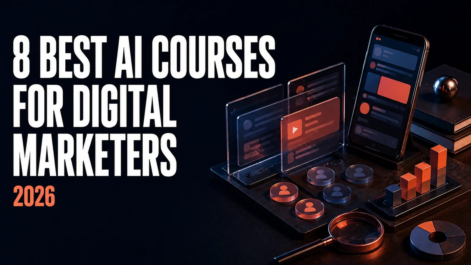 The headline 8 Best AI Courses for Digital Marketers 2026 beside a dark campaign dashboard, channel cards and content-planning tiles.