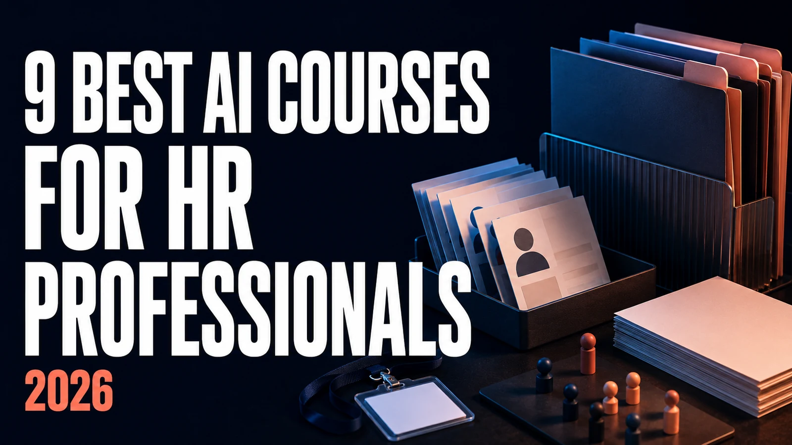 The headline 9 Best AI Courses for HR Professionals 2026 beside a dark desk scene: an upright file organiser, a tray of candidate CV cards, an ID badge on a lanyard and wooden peg figures.