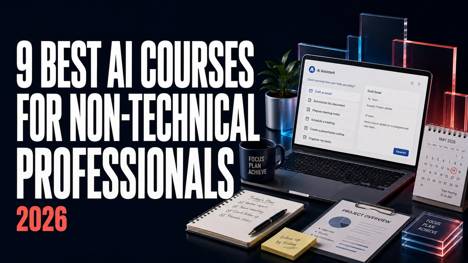 The headline 9 Best AI Courses for Non-Technical Professionals 2026 beside a laptop showing an AI assistant, planner, calendar and project report on a dark desk