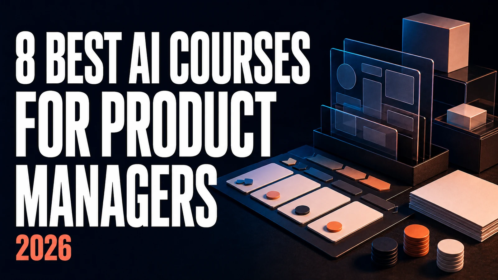 The headline 8 Best AI Courses for Product Managers 2026 in white and orange type beside a dark 3D still life: upright translucent panels showing abstract wireframe screens, pale cards laid out in a grid with orange and black counters on them, and stacks of counters and copper-toned blocks behind.