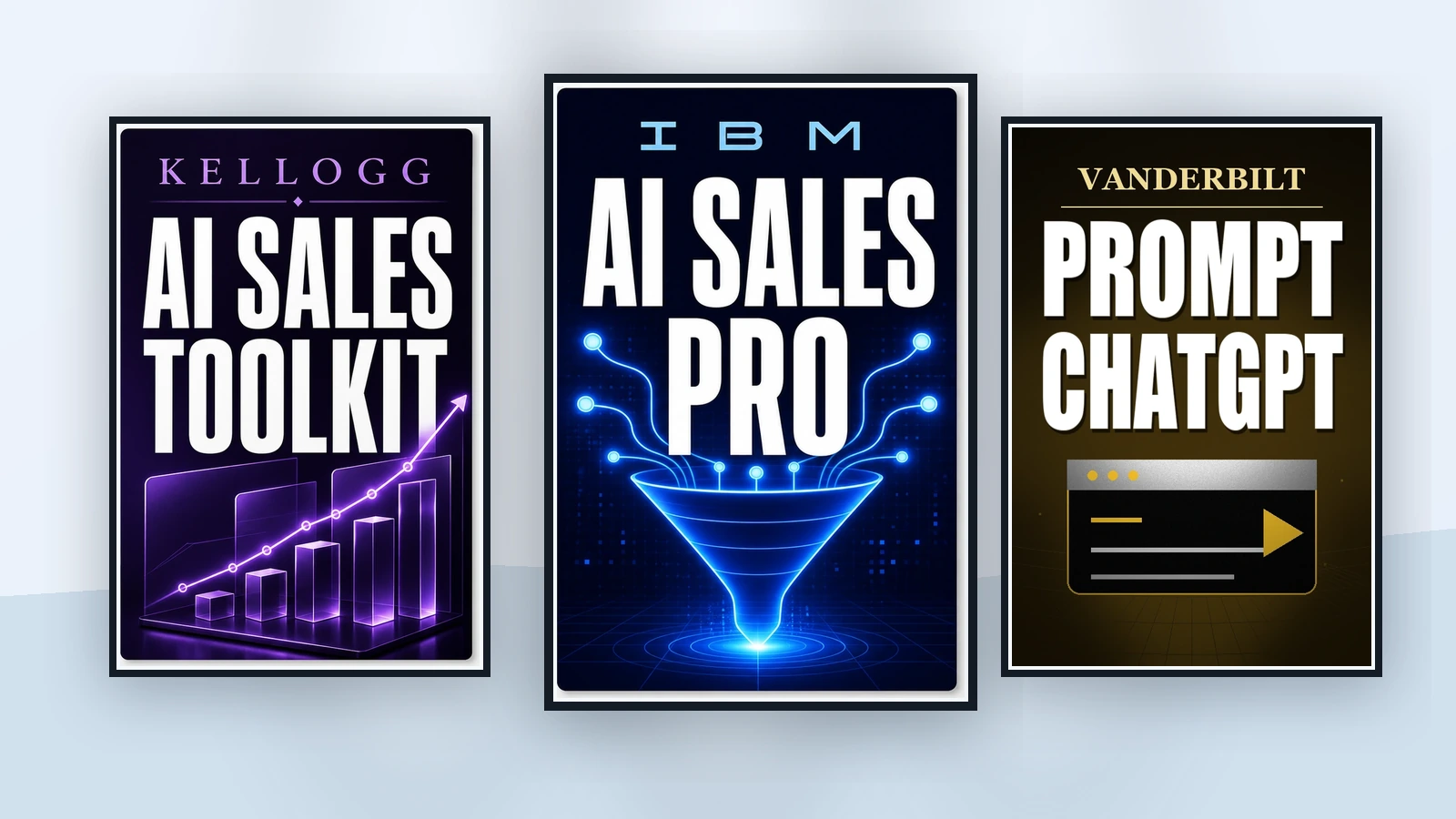 Three modern AI sales course badges: IBM AI Sales Pro centered, Kellogg AI Sales Toolkit left, and Vanderbilt Prompt ChatGPT right.