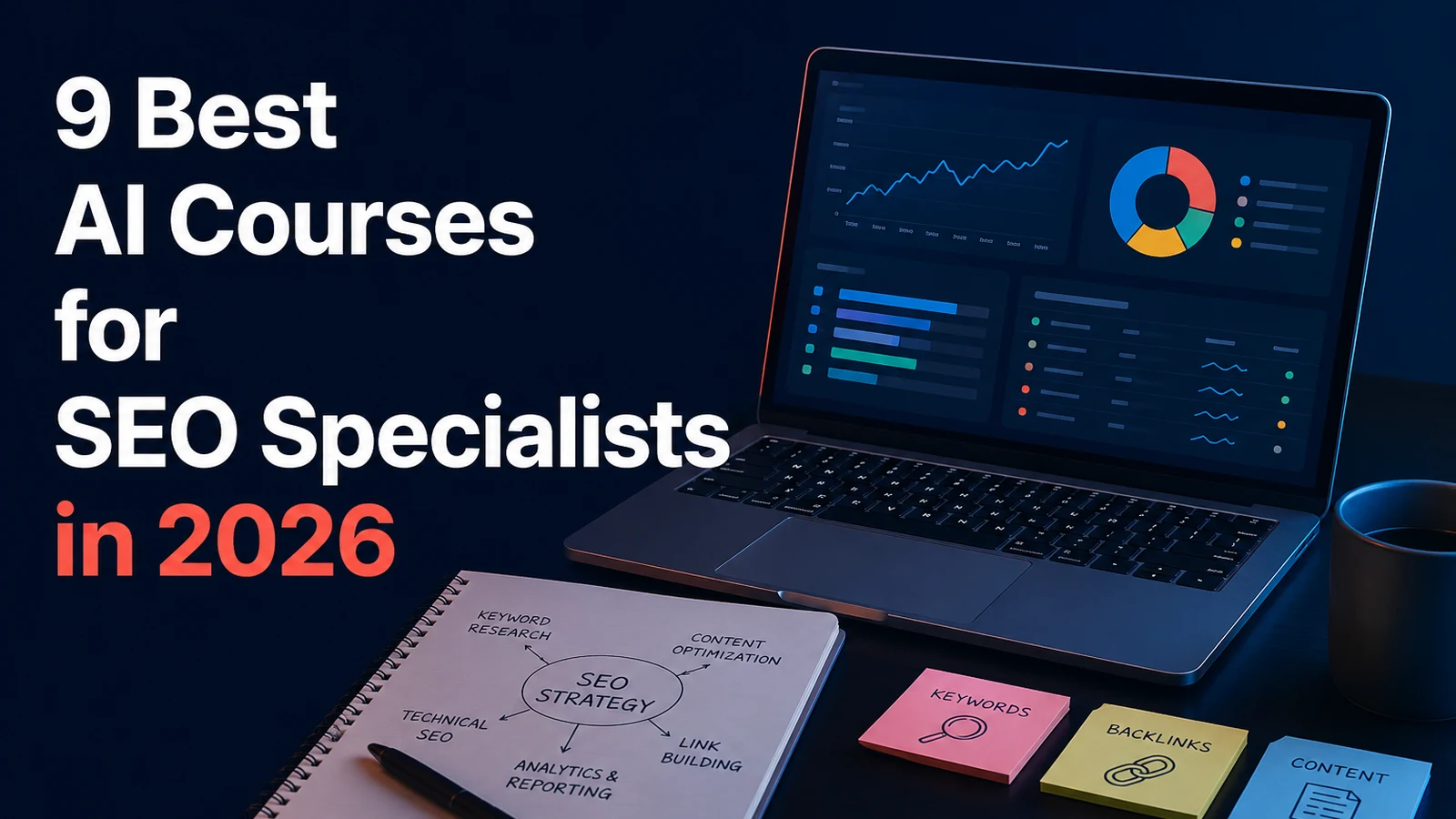 The headline 9 Best AI Courses for SEO Specialists 2026 beside an SEO analyst reviewing search rankings and AI citation signals on a dark dashboard.