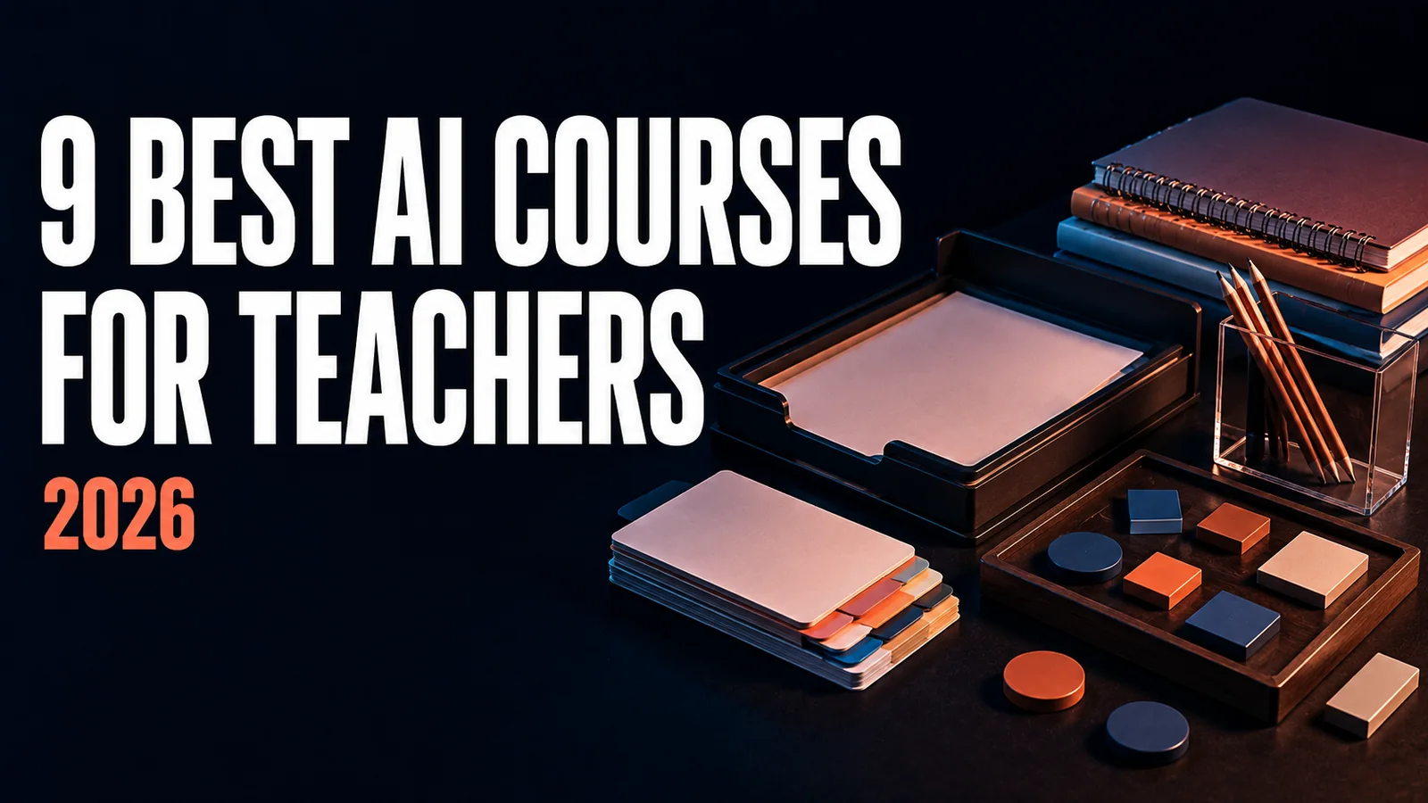 9 Best AI Courses for Teachers 2026 beside notebooks, pencils, flash cards and classroom desk organizers