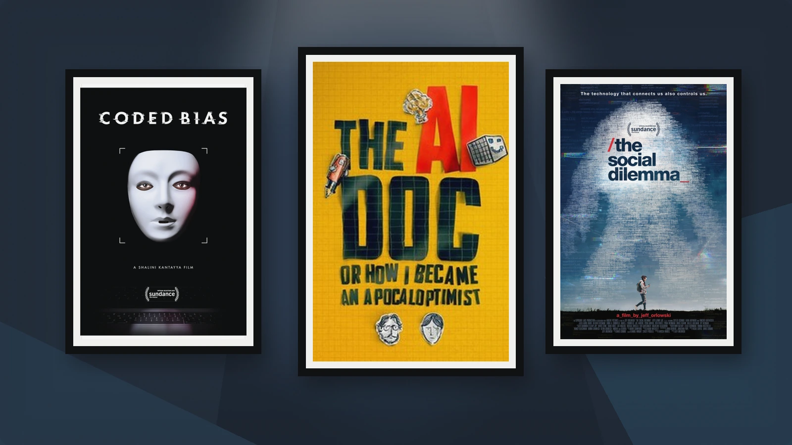 Three framed documentary posters: The AI Doc centered; Coded Bias left; The Social Dilemma right.