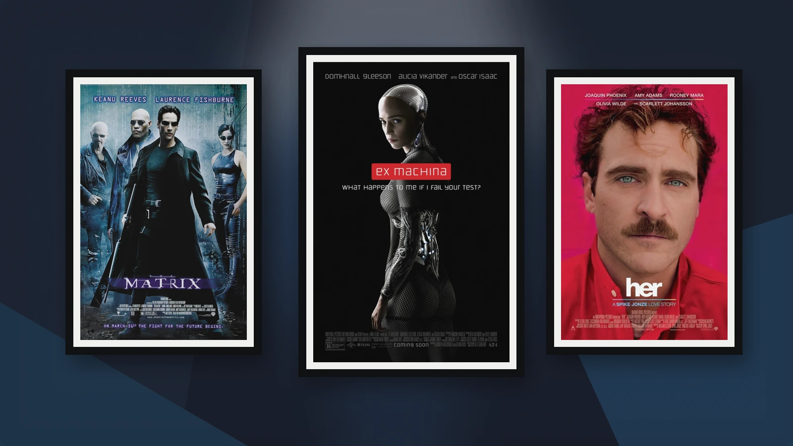 Three framed AI movie posters: Ex Machina centered; The Matrix left; Her right.