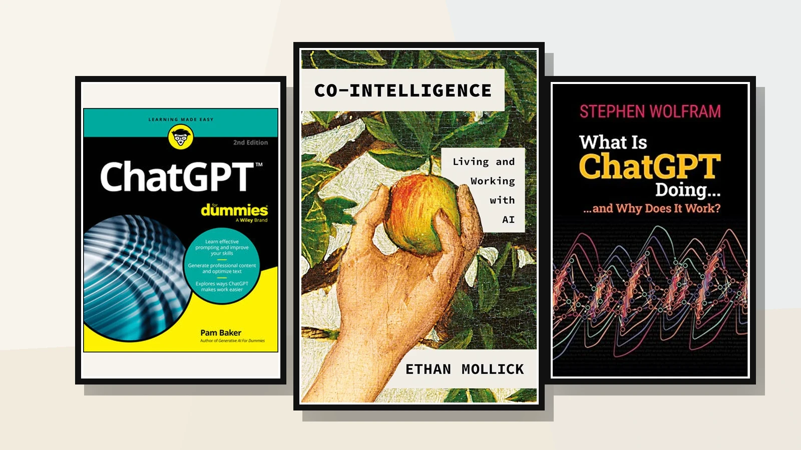 Three framed ChatGPT book covers: Co-Intelligence centered; ChatGPT For Dummies left; What Is ChatGPT Doing right.
