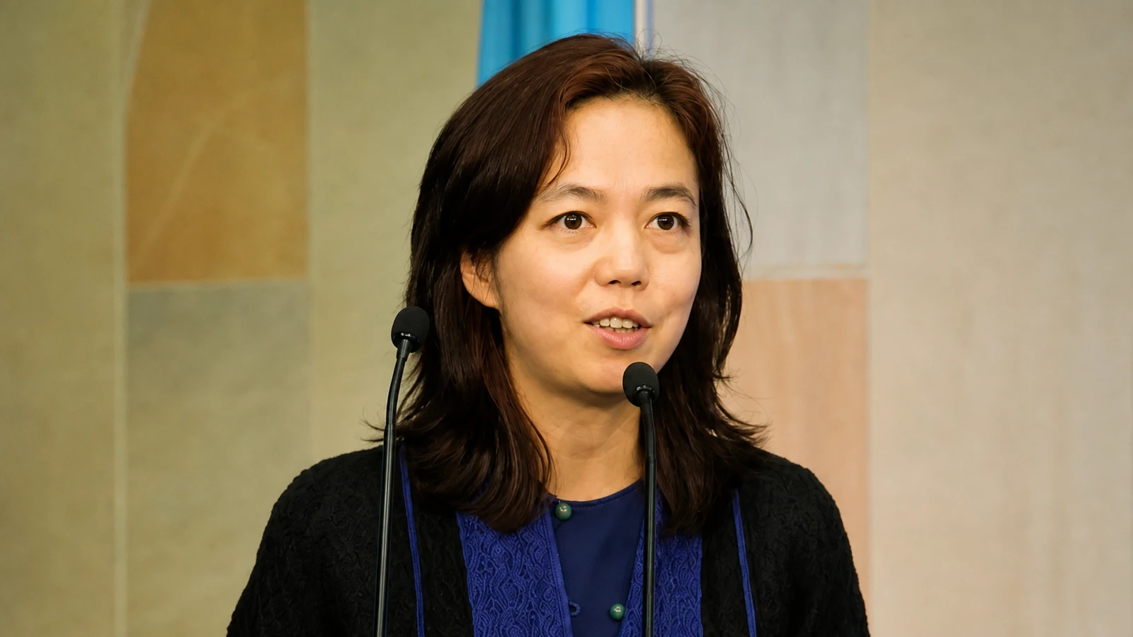 Fei-Fei Li speaking behind two microphones at AI for Good 2017