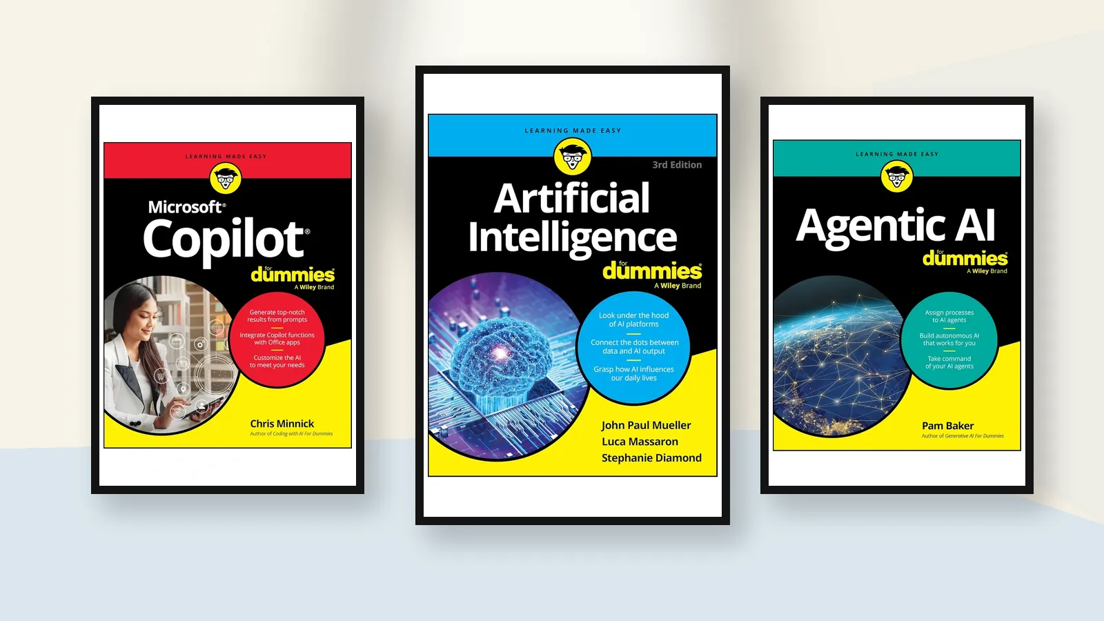 Three framed For Dummies AI book covers: Artificial Intelligence For Dummies (3rd Edition) centered; Microsoft Copilot For Dummies left; Agentic AI For Dummies right.