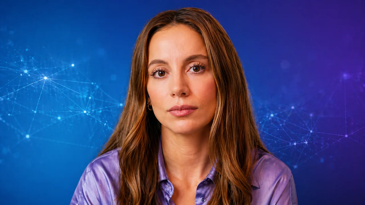 Mira Murati, former OpenAI CTO and Thinking Machines founder, in a purple blouse against a blue network-pattern background