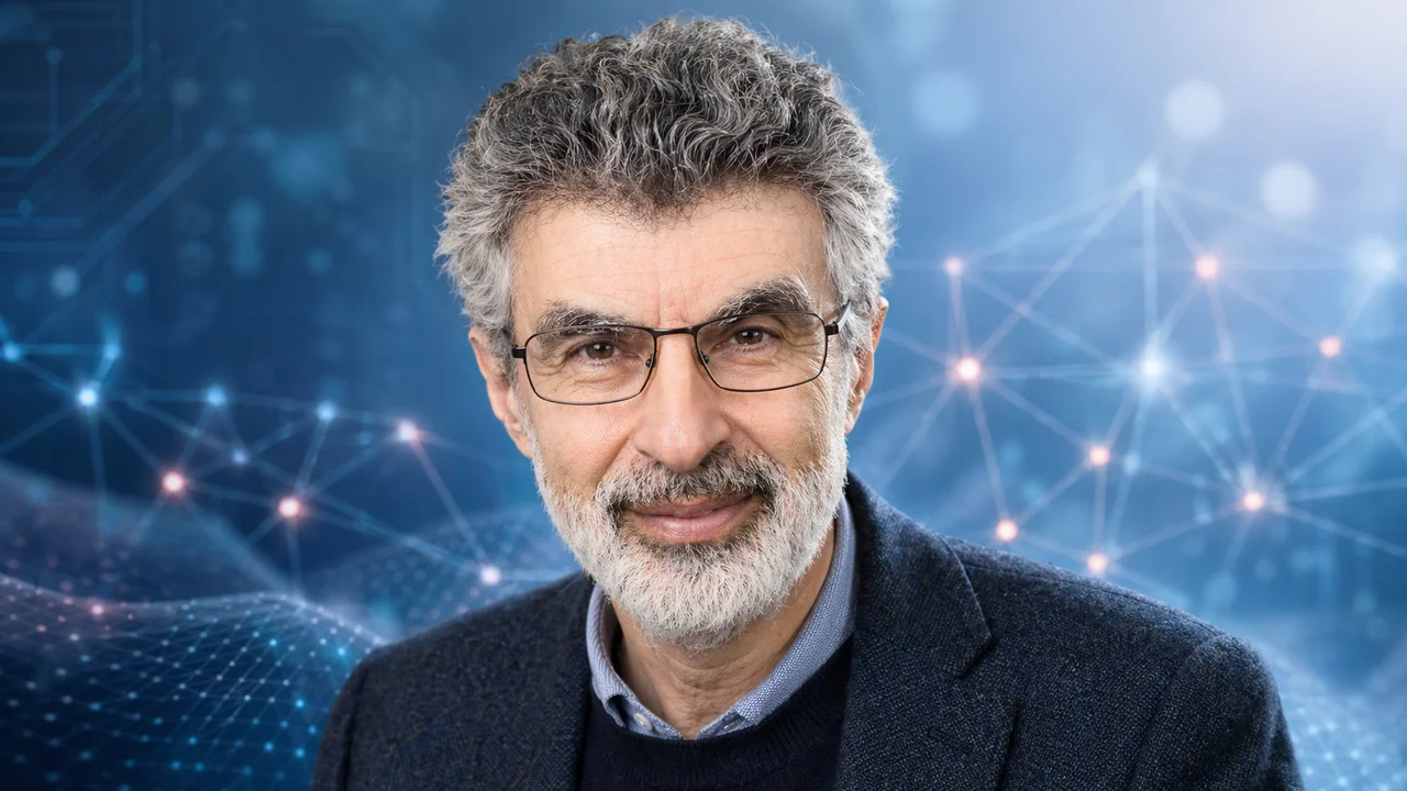 Yoshua Bengio, Turing Award-winning AI researcher, wearing glasses before a blue network-pattern background